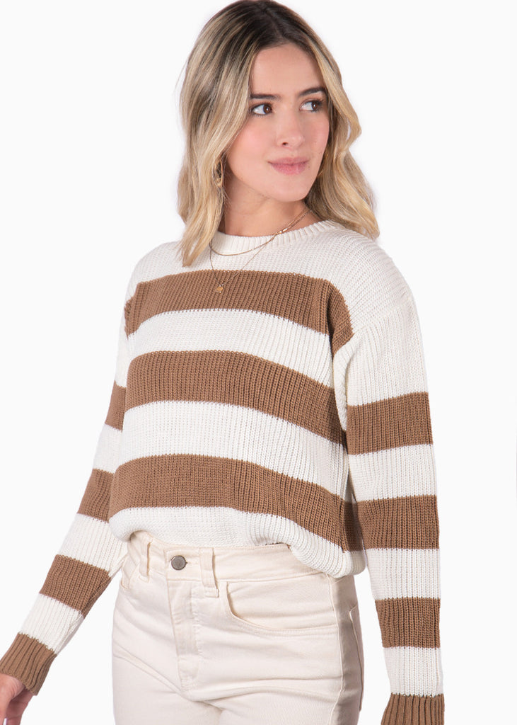 Buzo tejido de rayas manga larga  color beige, marfil, blanco para mujer - Flashy
