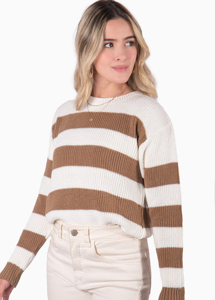 Buzo tejido de rayas manga larga  color beige, marfil, blanco para mujer - Flashy