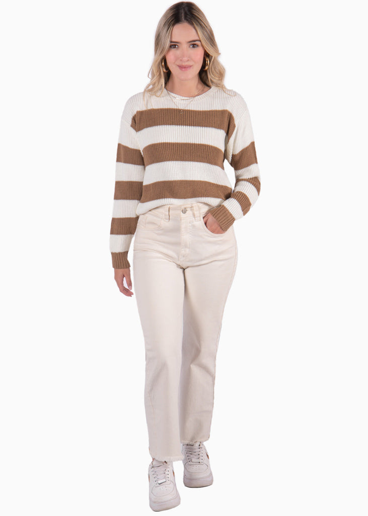 Buzo tejido de rayas manga larga  color beige, marfil, blanco para mujer - Flashy