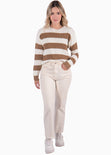 Buzo tejido de rayas manga larga  color beige, marfil, blanco para mujer - Flashy