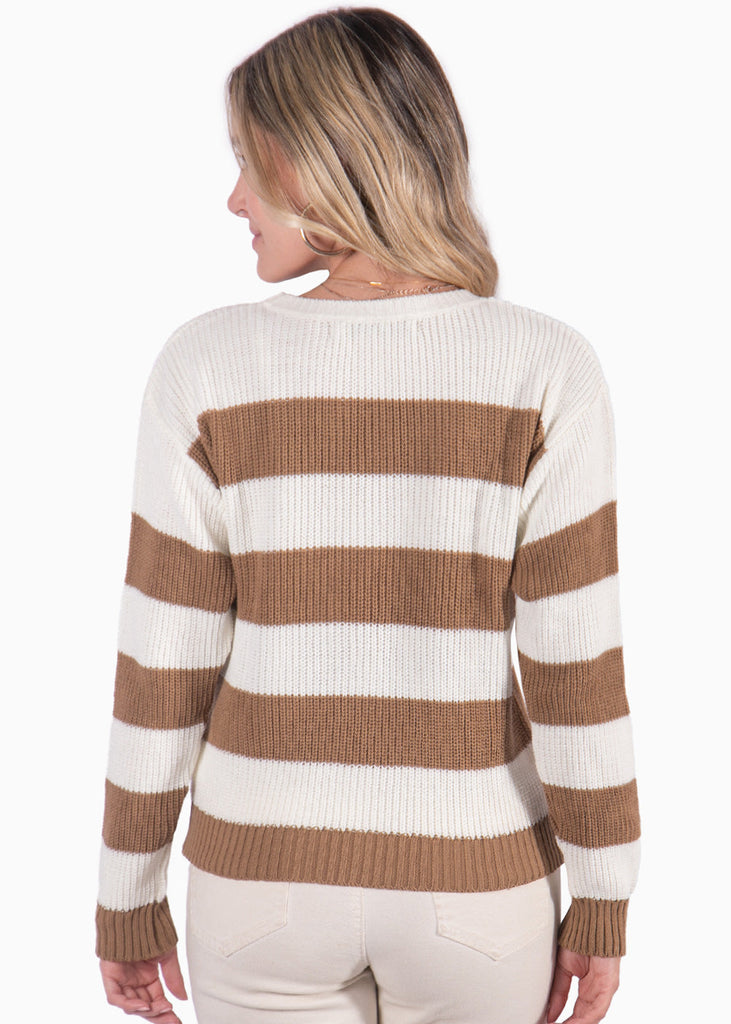 Buzo tejido de rayas manga larga  color beige, marfil, blanco para mujer - Flashy