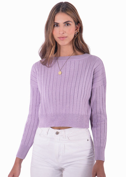 Buzo tejido manga larga con cuello redondo color lila para mujer - Flashy