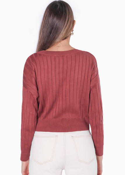 Buzo tejido manga larga con cuello redondo color rosado para mujer - Flashy