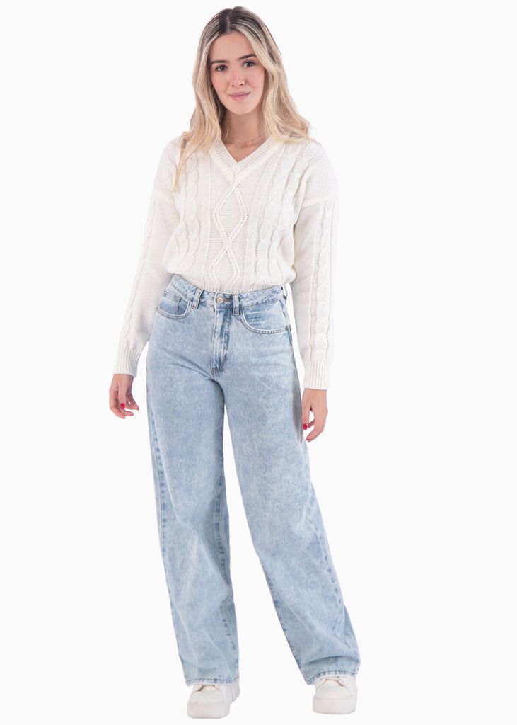 Buzo tejido manga larga con escote en v color blanco, marfil para mujer - Flashy