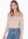 Buzo tejido manga larga con escote off shoulder color beige para mujer - Flashy
