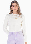 Buzo tejido manga larga con trenzado color marfil para mujer - Flashy