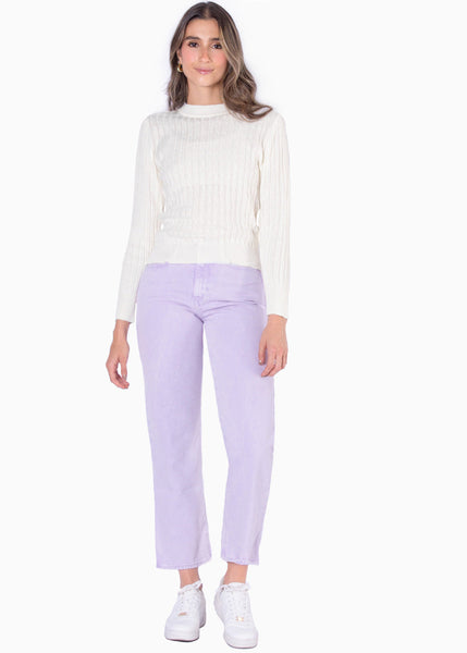 Buzo tejido manga larga con trenzado color marfil para mujer - Flashy
