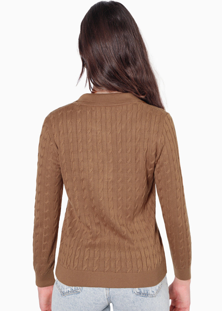 Buzo tejido tipo polo color café para mujer - Flashy