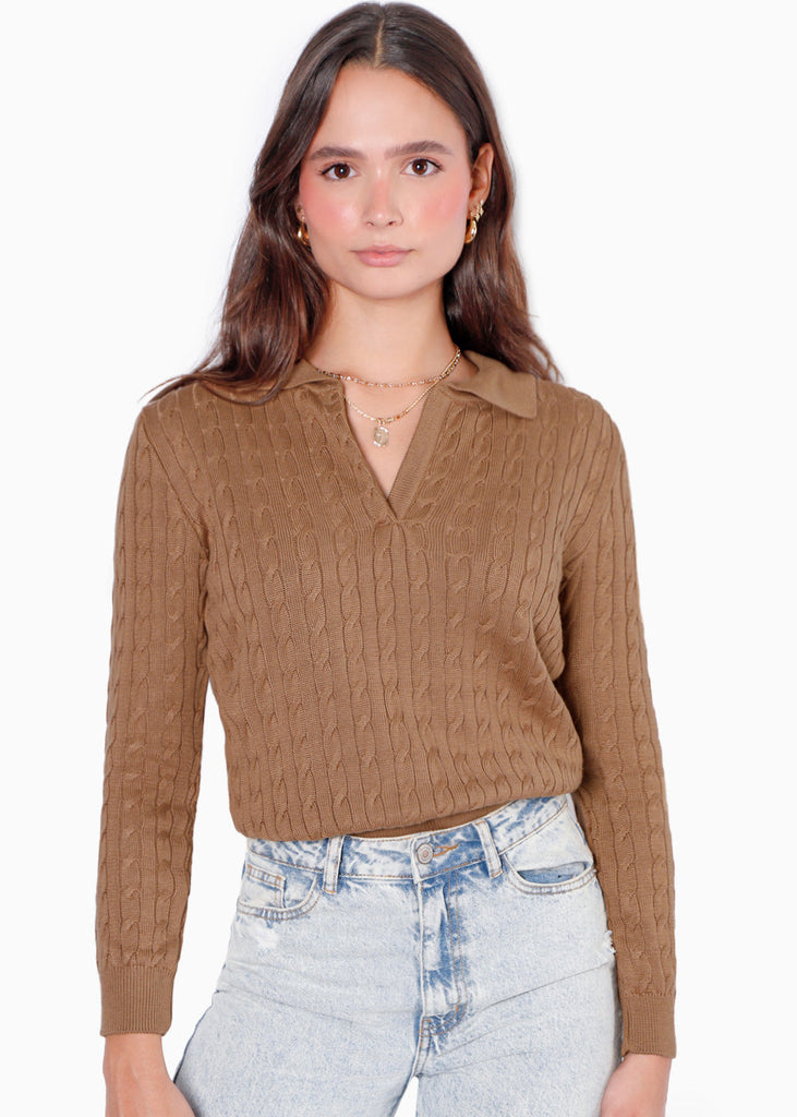 Buzo tejido tipo polo color café para mujer - Flashy