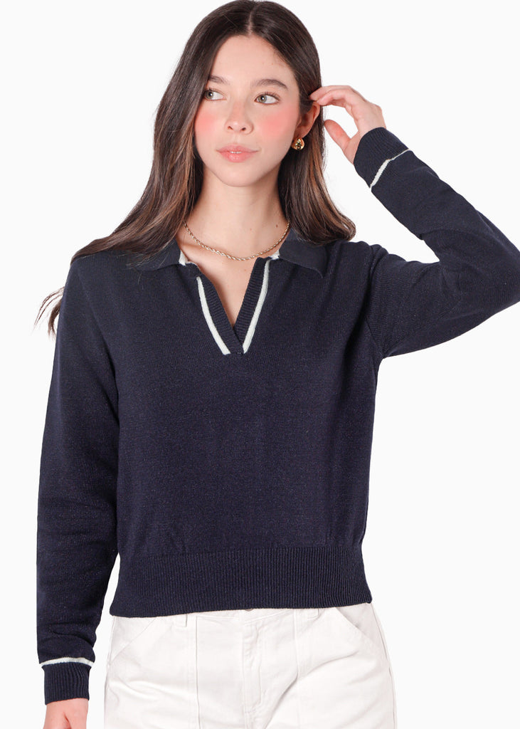 Buzo tejido tipo polo con cuello y puños en contraste color azul para mujer - Flashy
