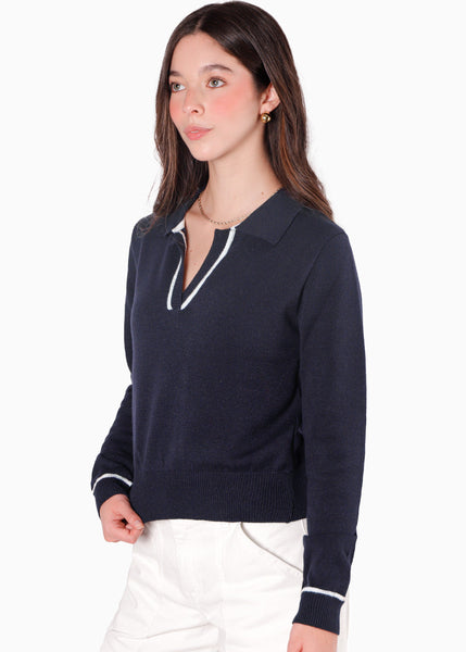 Buzo tejido tipo polo con cuello y puños en contraste color azul para mujer - Flashy