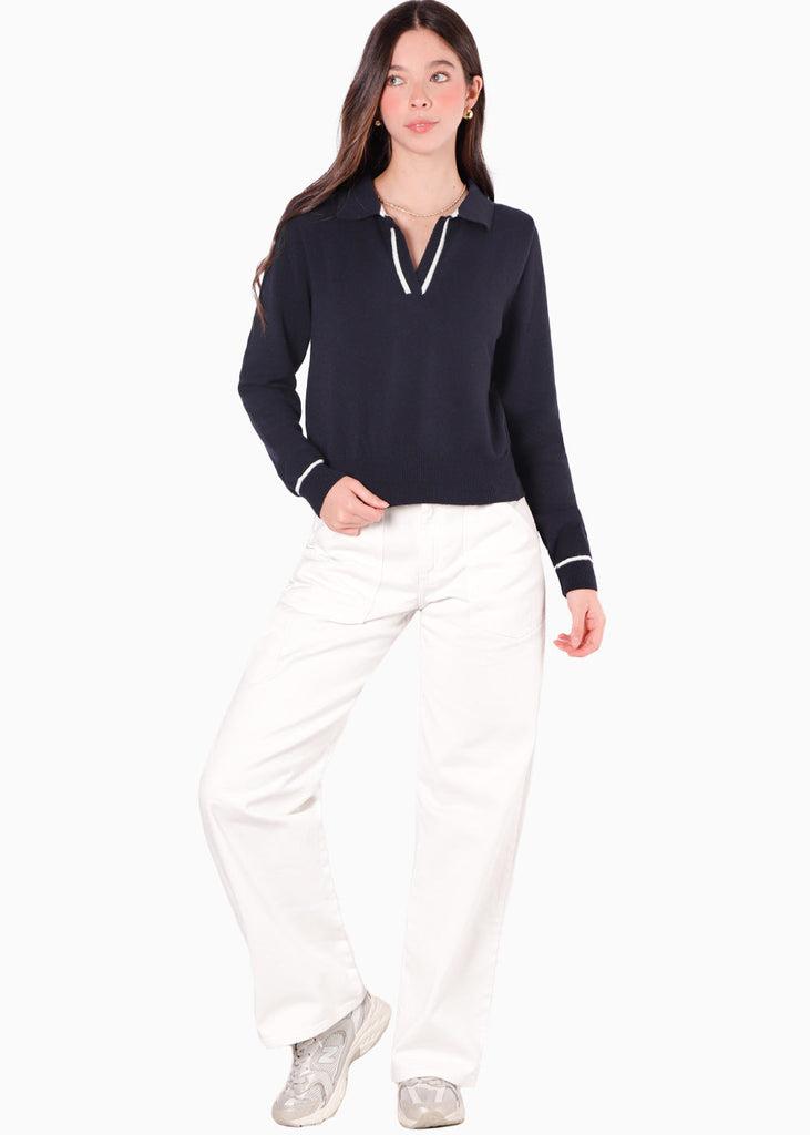 Buzo tejido tipo polo con cuello y puños en contraste color azul para mujer - Flashy