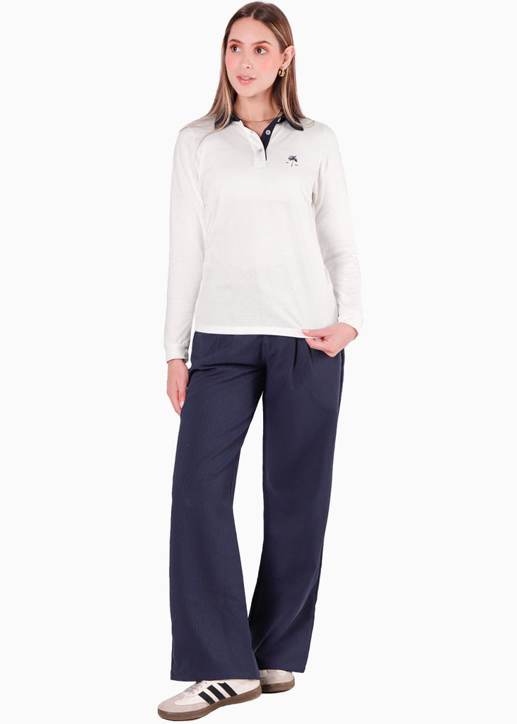 Buzo tipo polo bordado con cuello en contraste color blanco, marfil para mujer - Flashy