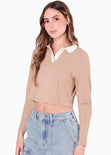 Buzo tipo polo con cuello en contraste color blanco, marfil para mujer - Flashy