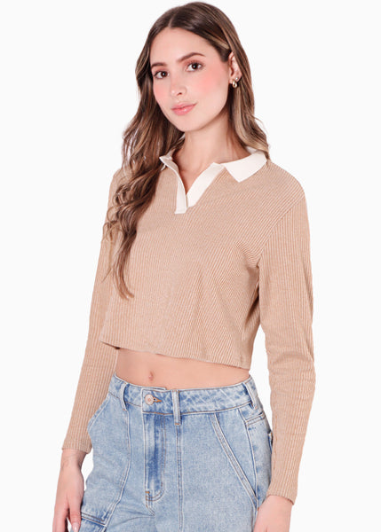 Buzo tipo polo con cuello en contraste color blanco, marfil para mujer - Flashy