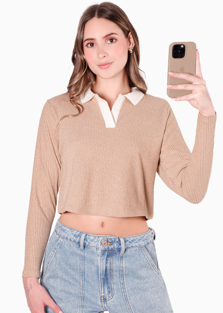 Buzo tipo polo con cuello en contraste color blanco, marfil para mujer - Flashy
