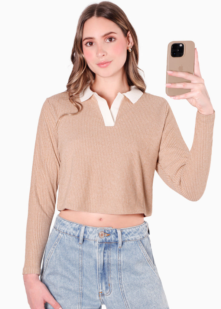 Buzo tipo polo con cuello en contraste color blanco, marfil para mujer - Flashy