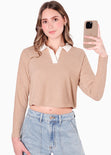 Buzo tipo polo con cuello en contraste color blanco, marfil para mujer - Flashy