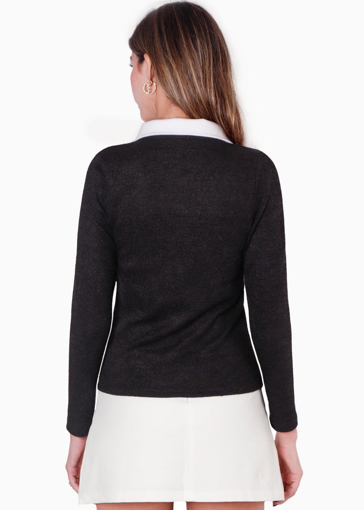 Buzo tipo polo con cuello en contraste color negro para mujer - Flashy