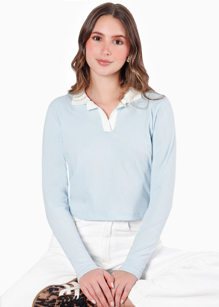 Buzo tipo polo con cuello en contraste - KIMORA.AZUL