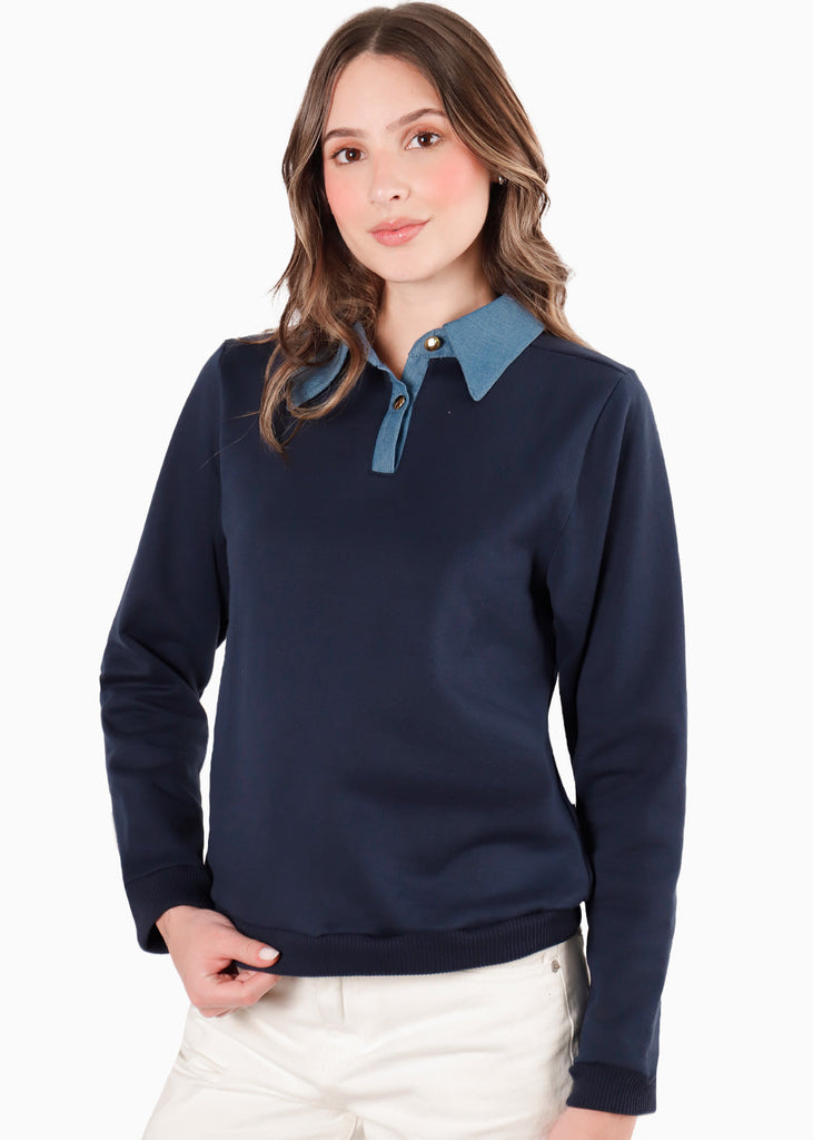 Buzo tipo polo con cuello y perilla en contraste color azul para mujer - Flashy