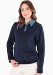 Buzo tipo polo con cuello y perilla en contraste color azul para mujer - Flashy