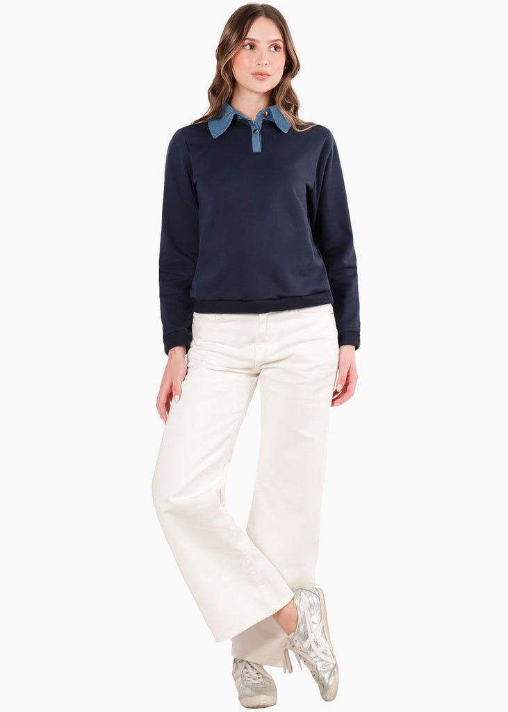 Buzo tipo polo con cuello y perilla en contraste color azul para mujer - Flashy