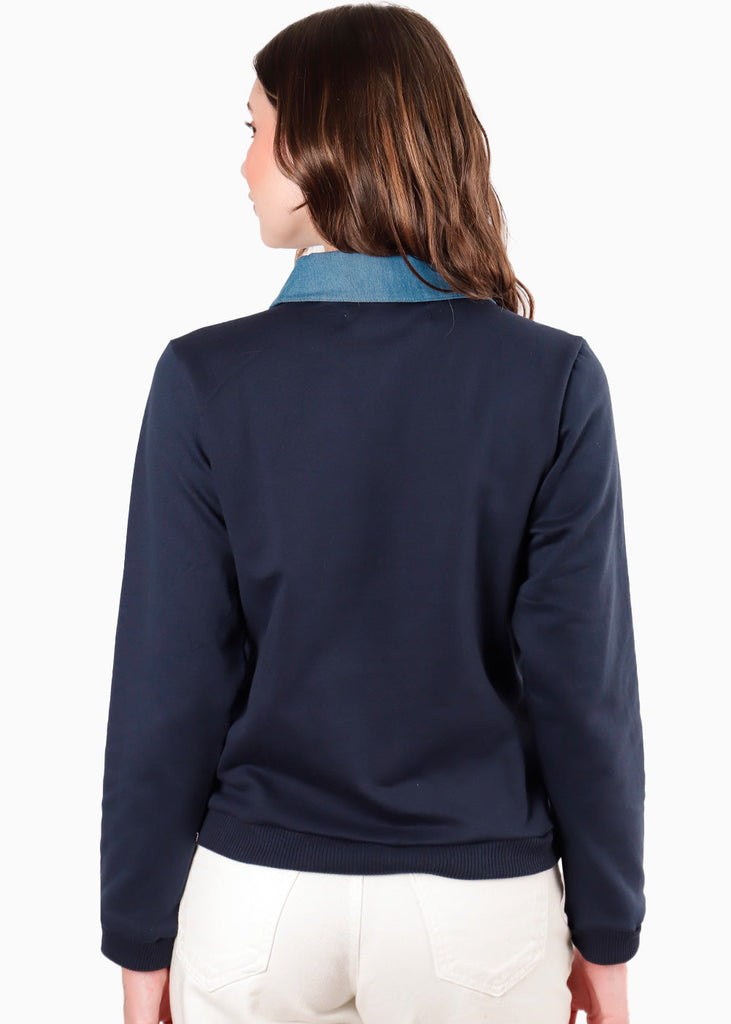 Buzo tipo polo con cuello y perilla en contraste color azul para mujer - Flashy