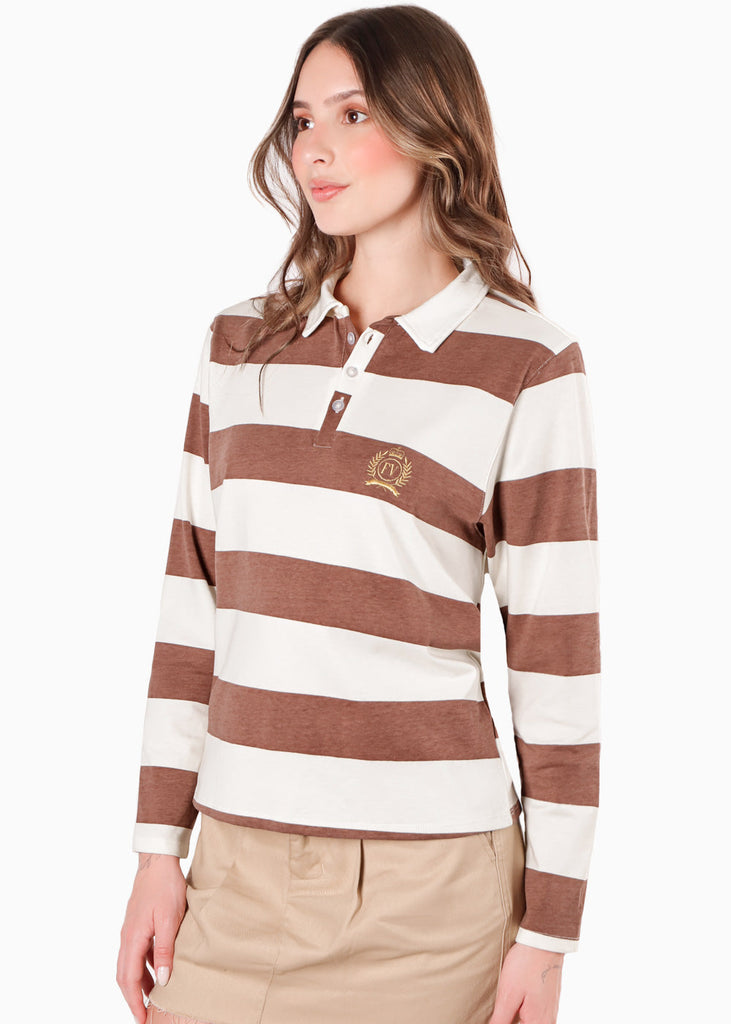 Buzo tipo polo con estampado de rayas color café para mujer - Flashy
