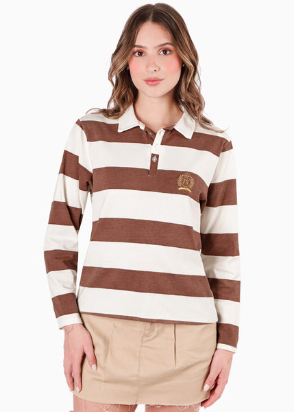 Buzo tipo polo con estampado de rayas color café para mujer - Flashy