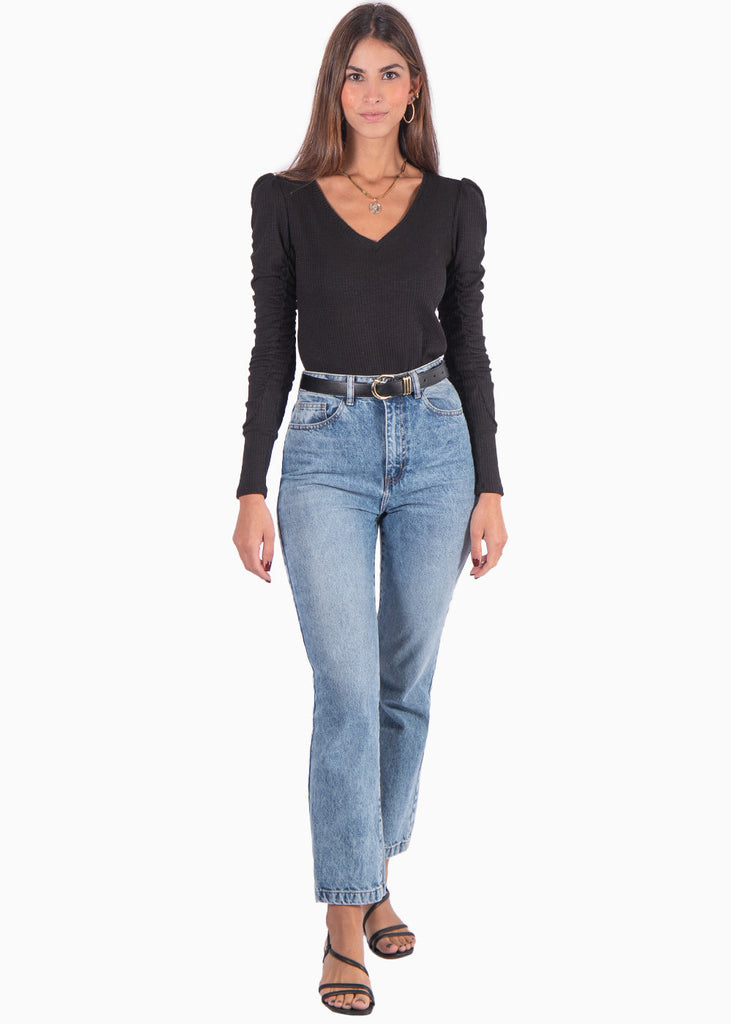 Camibuso manga larga, escote en v y recogido en hombros color negro para mujer - Flashy