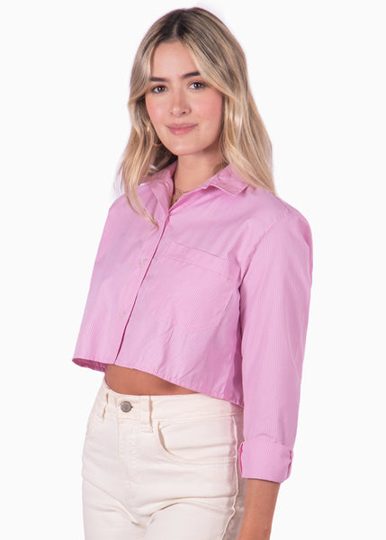 Camisa crop manga larga con botones color rosado para mujer - Flashy