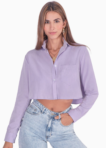 Camisa crop manga larga con botones color lila para mujer - Flashy
