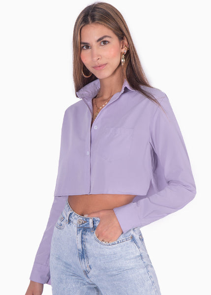 Camisa crop manga larga con botones color lila para mujer - Flashy