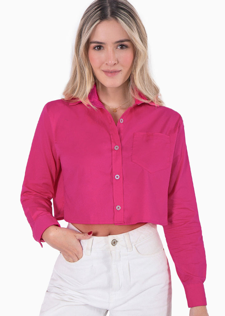 Camisa crop manga larga con botones color rosado, fucsia para mujer - Flashy