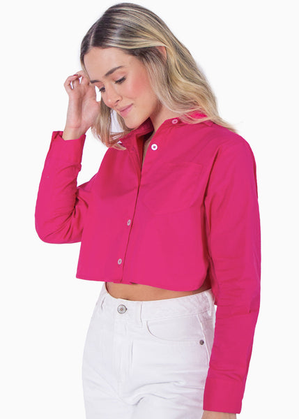 Camisa crop manga larga con botones color rosado, fucsia para mujer - Flashy