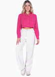 Camisa crop manga larga con botones color rosado, fucsia para mujer - Flashy