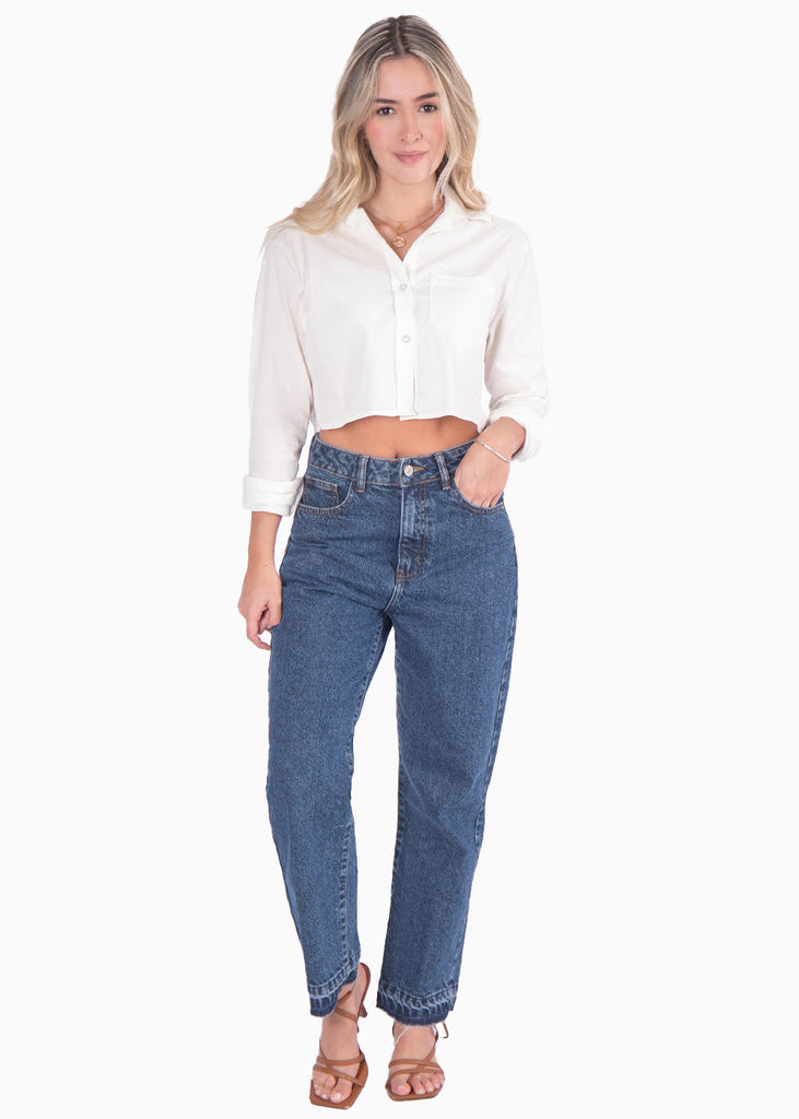 Camisa crop manga larga con botones color blanco, marfil para mujer - Flashy