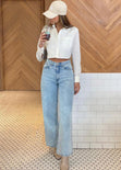 Camisa crop manga larga con botones color blanco, marfil para mujer - Flashy