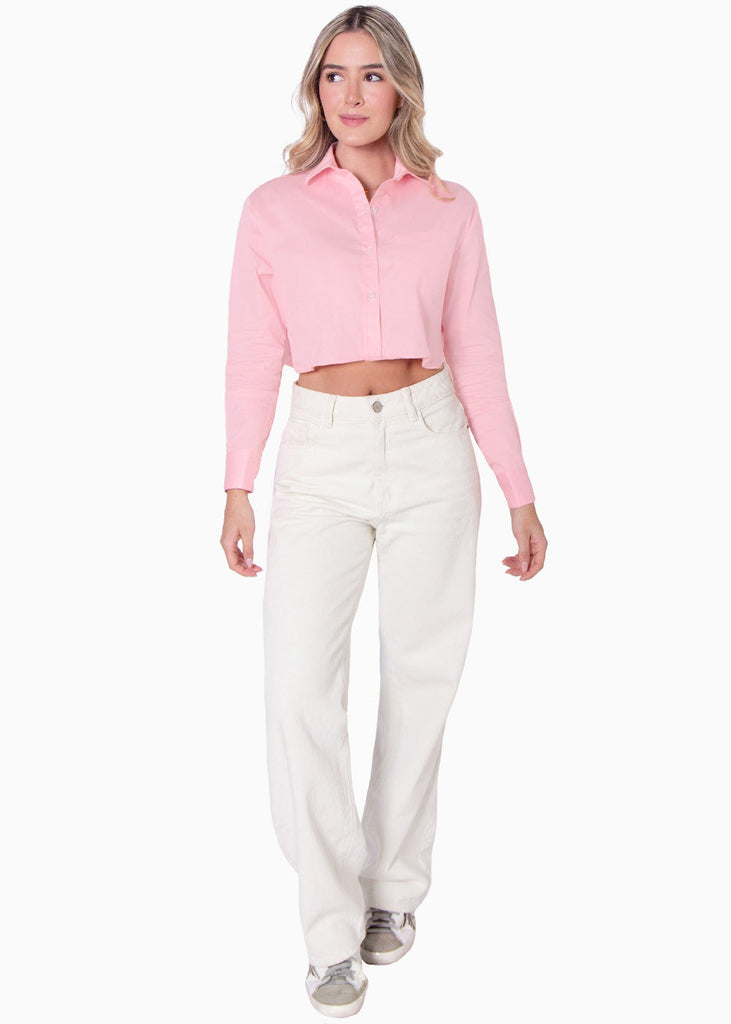 Camisa crop manga larga con botones color rosado para mujer - Flashy