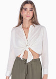 Camisa crop manga larga con botones y anudado color marfil, blanco para mujer - Flashy