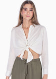 Camisa crop manga larga con botones y anudado color marfil, blanco para mujer - Flashy