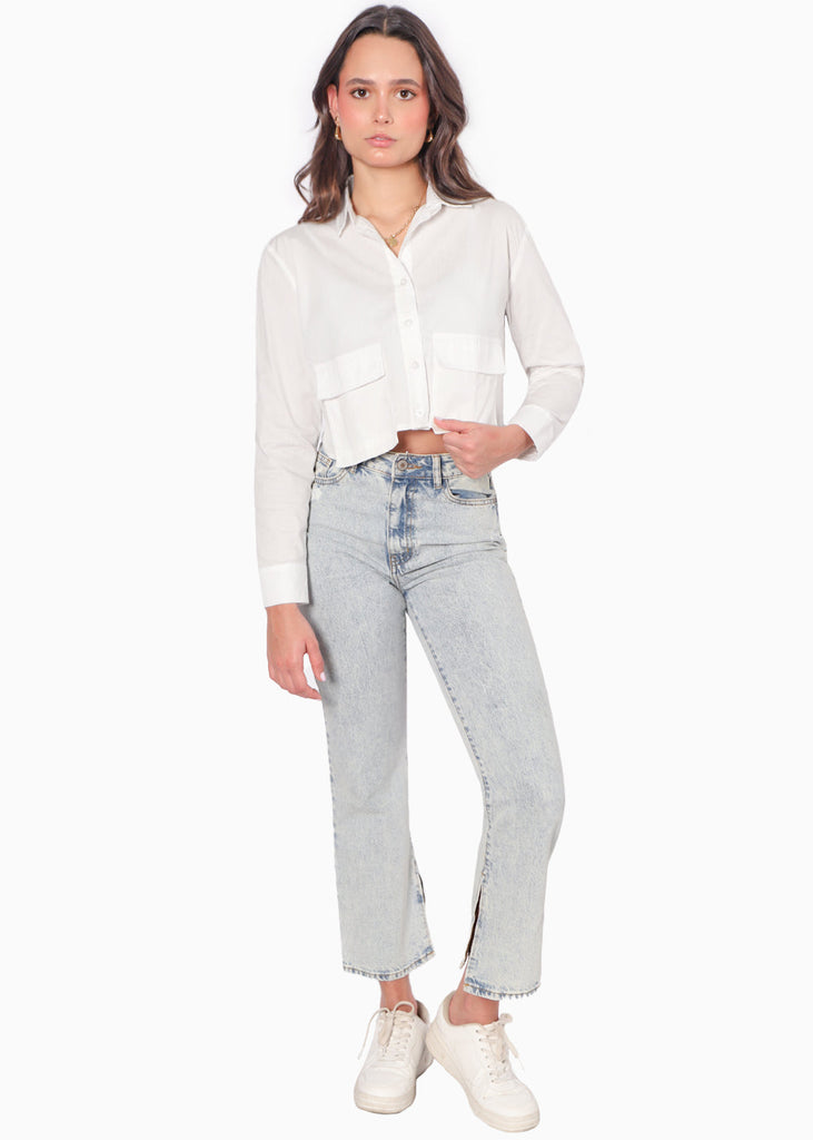 Camisa crop manga larga con botones y bolsillos tipo cargo color blanco, marfil para mujer - Flashy