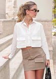 Camisa crop manga larga con botones y bolsillos tipo cargo color blanco, marfil para mujer - Flashy