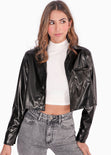 Camisa crop manga larga con botones y efecto cuero color negro para mujer - Flashy