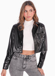 Camisa crop manga larga con botones y efecto cuero color negro para mujer - Flashy