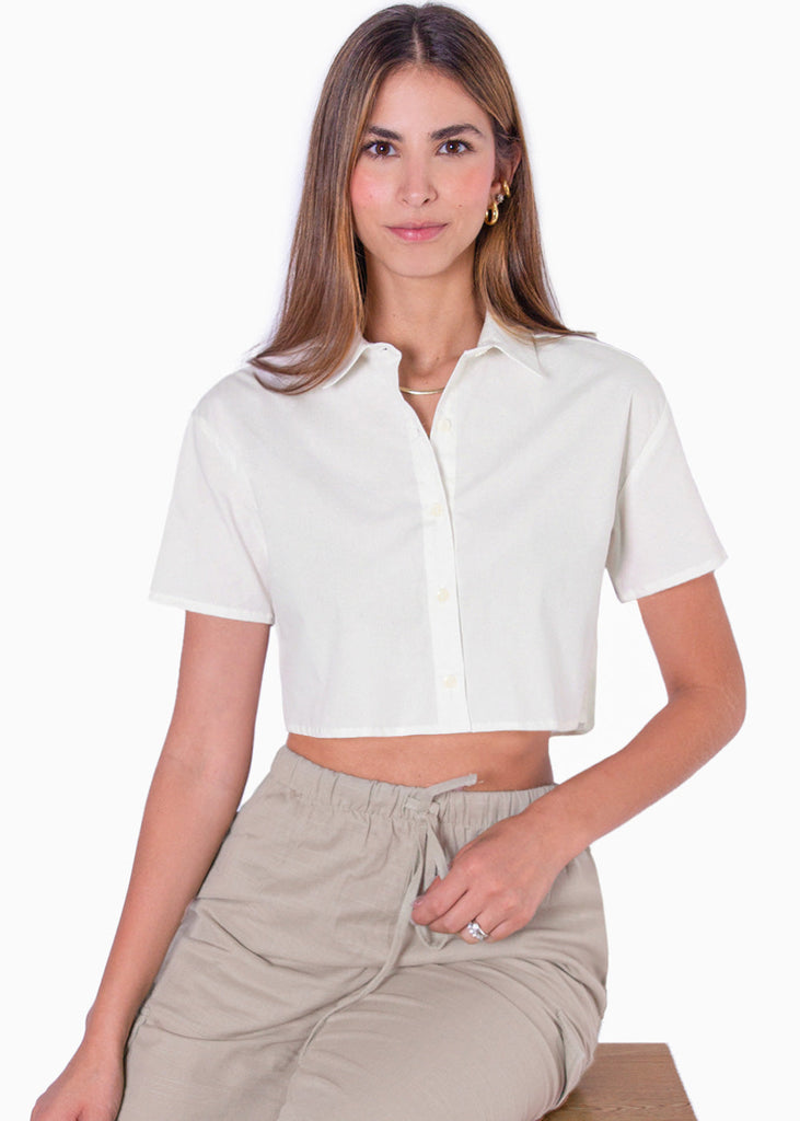 Camisa de botones manga corta color marfil para mujer - Flashy