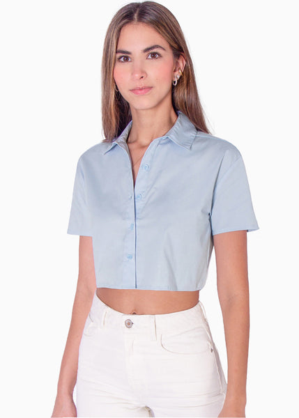 Camisa de botones manga corta color azul para mujer - Flashy
