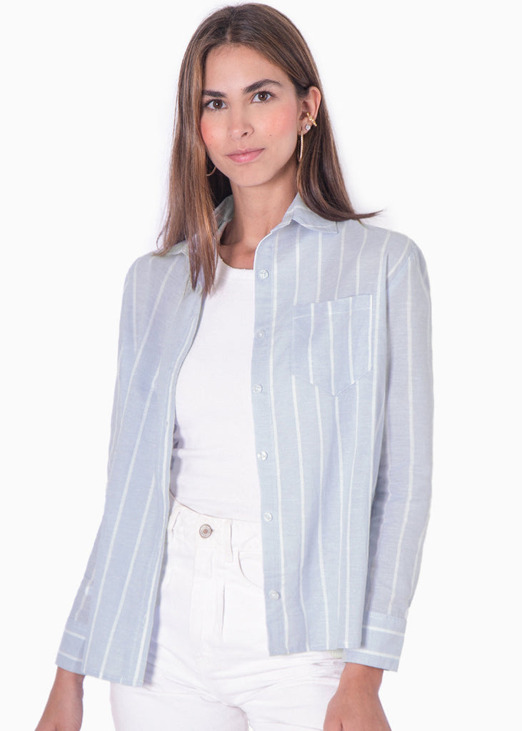 Camisa de botones manga larga con rayas color azul para mujer - Flashy