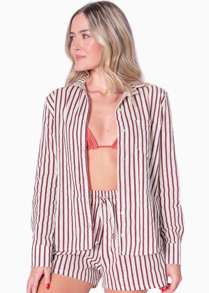 Camisa de botones manga larga con rayas color beige para mujer - Flashy